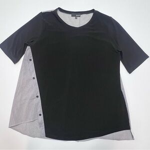 Sun Kim Asymmetrical Tunic Top Medium Black Striped Button Lagenlook Made USA